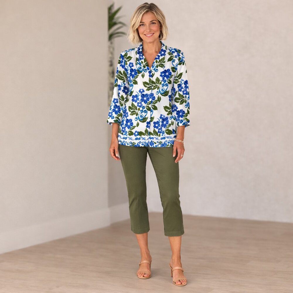 Investments Womens S Blouse VNeck ¾ Sleeve Chiffon White Blue Green Floral NWT
